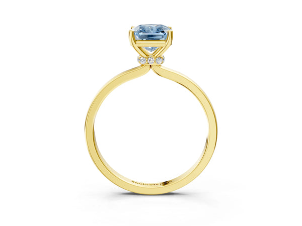 Yellow gold Fancy Blue Radiant Cut Diamond Solitaire Ring with Classic Band and Four-Prong Setting