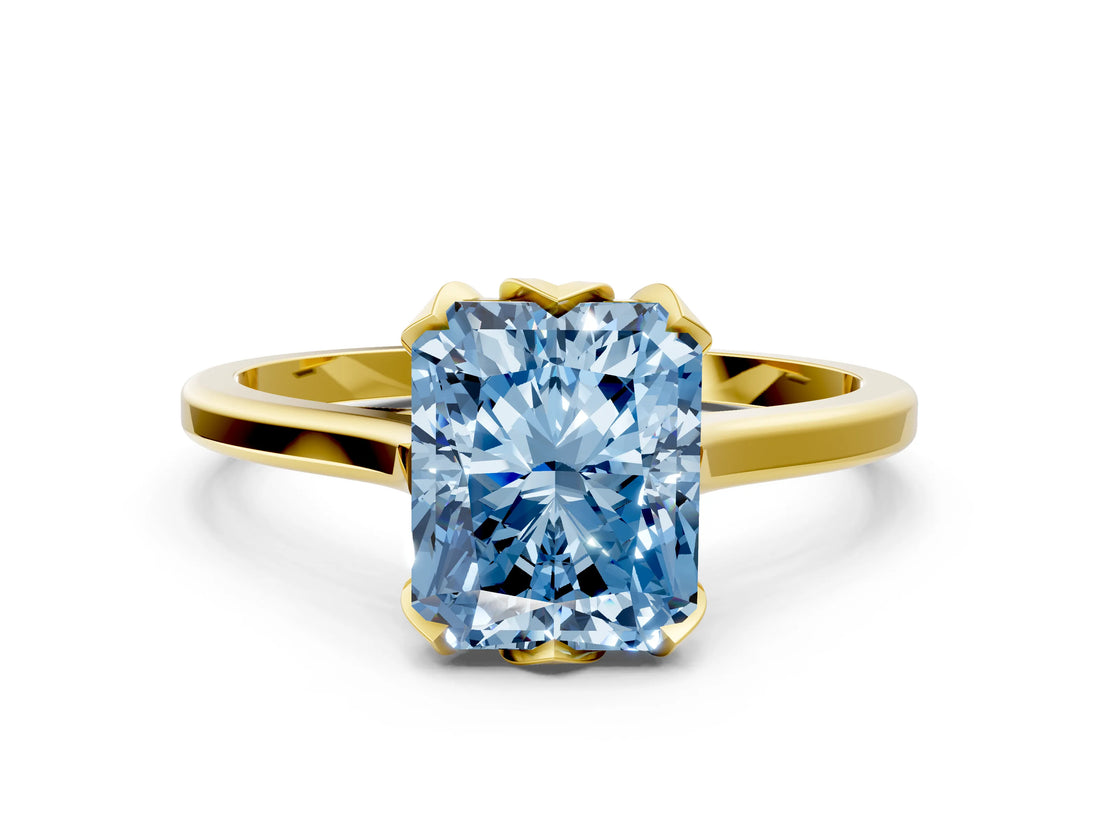 Yellow gold Fancy Blue Radiant Cut Diamond Solitaire Ring with Flower Prong Setting and Classic Band_12