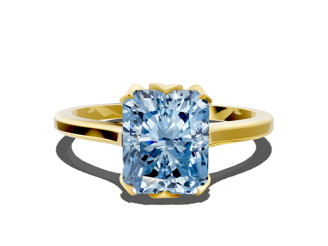 Yellow gold Fancy Blue Radiant Cut Diamond Solitaire Ring with Flower Prong Setting and Classic Band_50