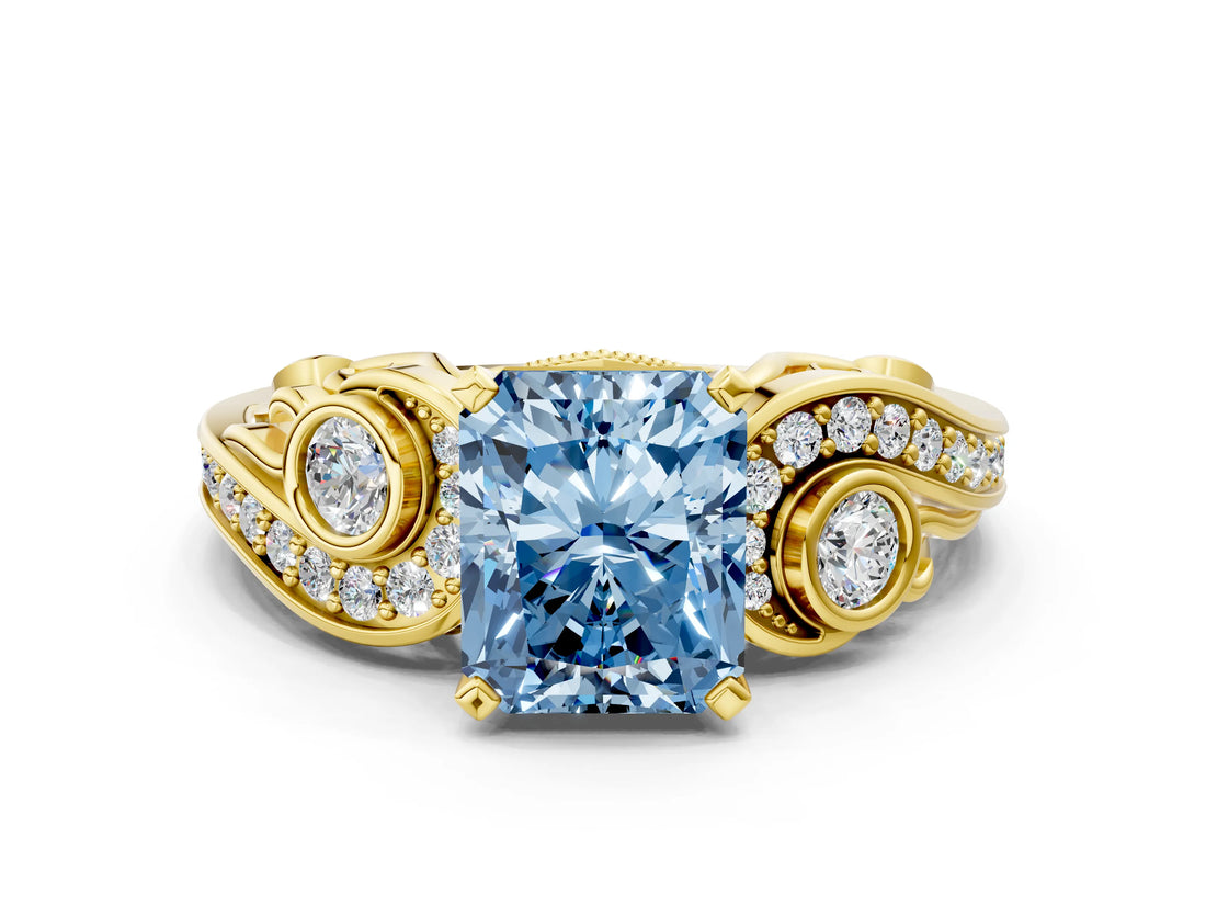 Yellow gold Fancy Blue Radiant Cut Diamond Solitaire Ring with Milgrain Pavé Band and Four-Prong Setting_153