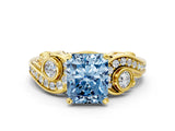 Yellow gold Fancy Blue Radiant Cut Diamond Solitaire Ring with Milgrain Pavé Band and Four-Prong Setting_153