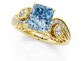 Yellow gold Fancy Blue Radiant Cut Diamond Solitaire Ring with Milgrain Pavé Band and Four-Prong Setting_154