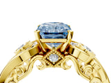 Yellow gold Fancy Blue Radiant Cut Diamond Solitaire Ring with Milgrain Pavé Band and Four-Prong Setting_157