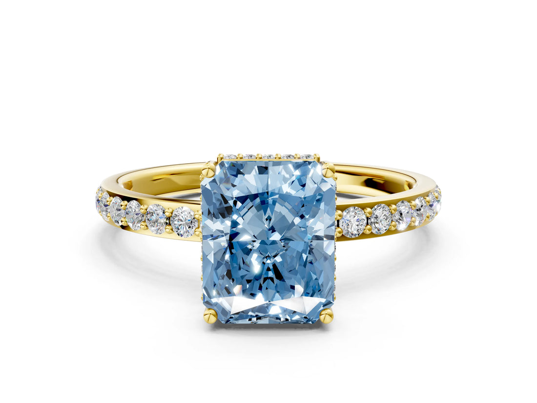 Yellow gold Fancy Blue Radiant Cut Diamond Solitaire Ring with Pavé Band and Hidden Halo_20