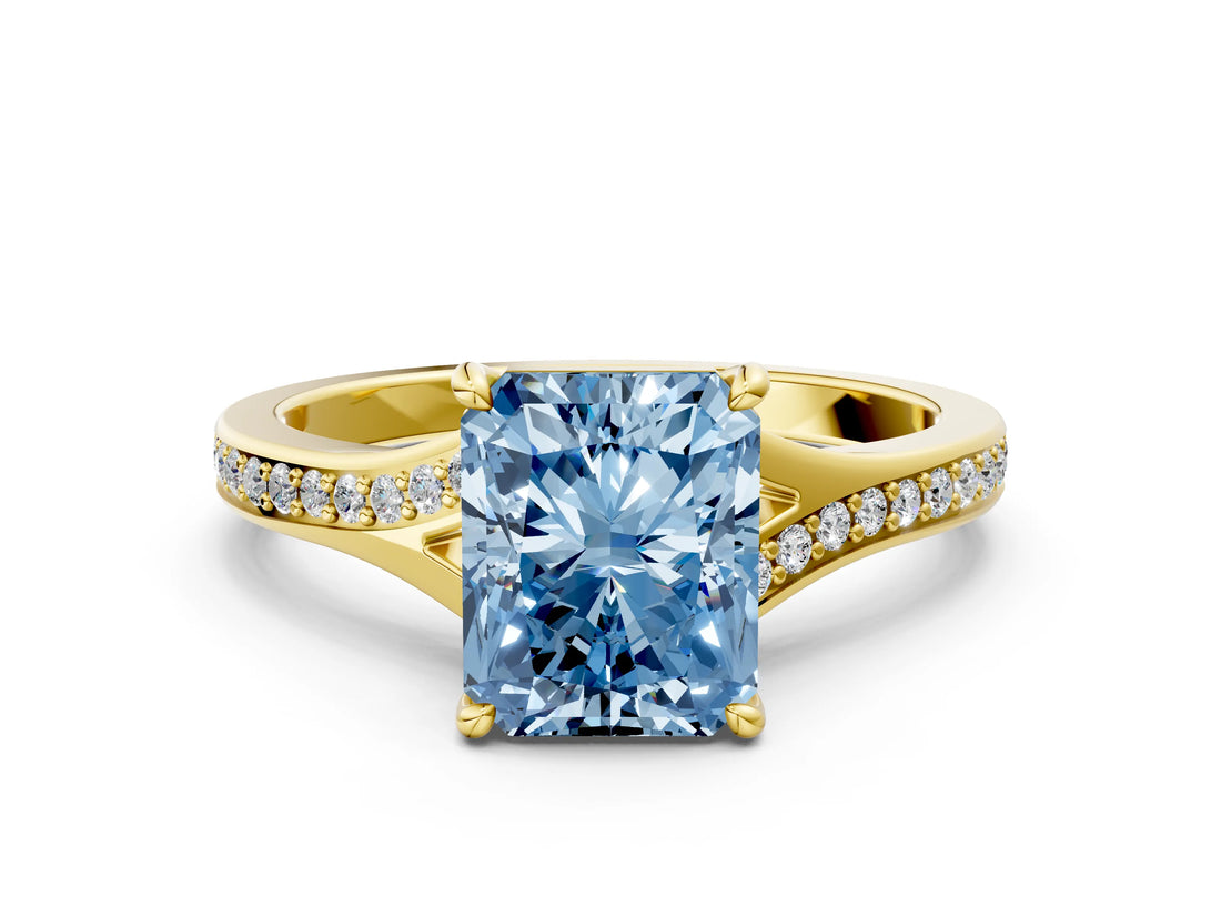 Yellow gold Fancy Blue Radiant Cut Diamond Solitaire Ring with Pavé Band and Prong Setting_12