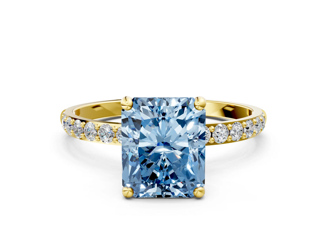 Yellow gold Fancy Blue Radiant Cut Diamond Solitaire Ring with Pave Band and Four Prong Setting_104