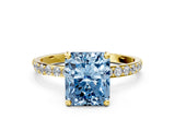 Yellow gold Fancy Blue Radiant Cut Diamond Solitaire Ring with Pave Band and Four Prong Setting_104