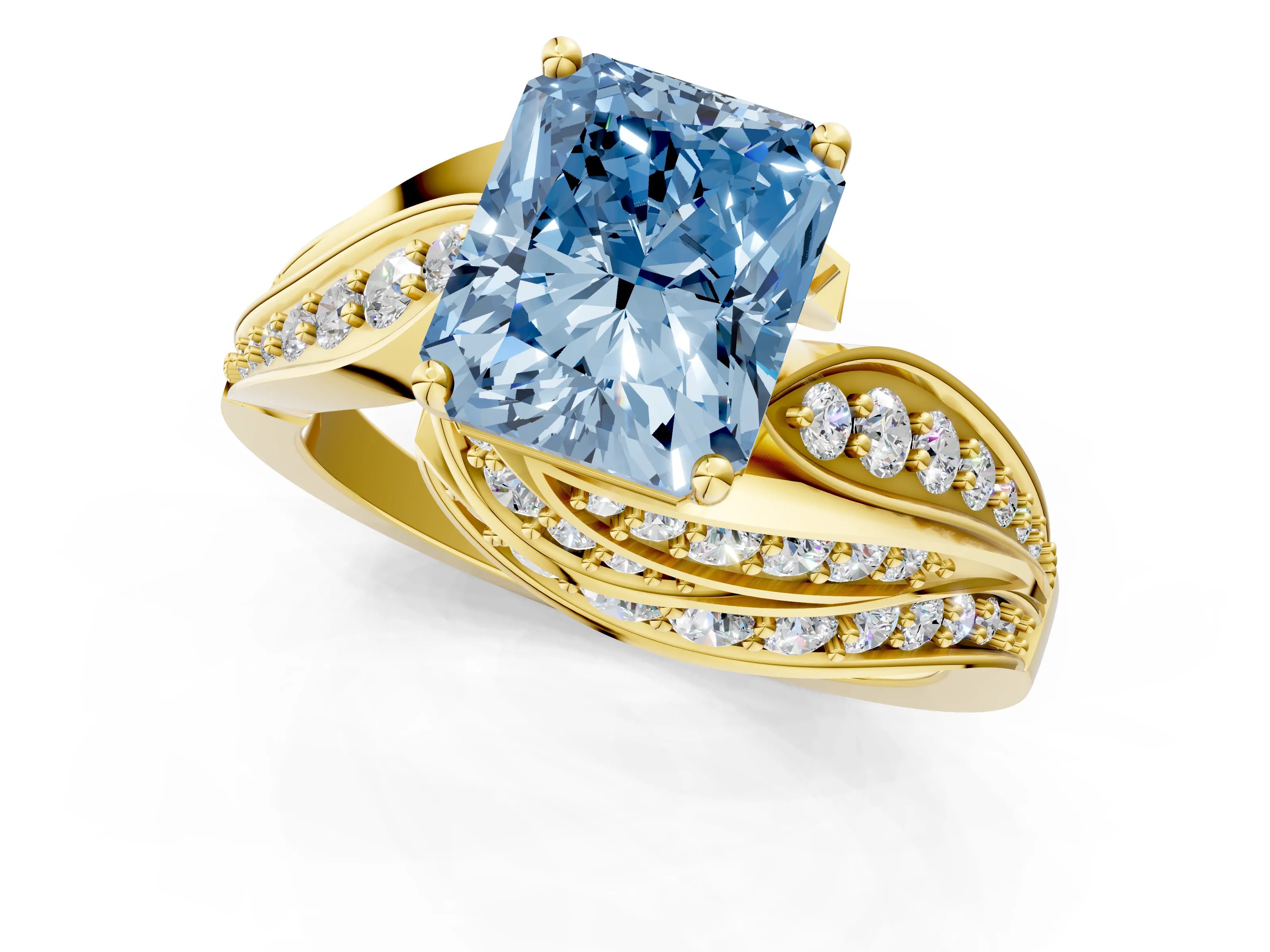 Yellow gold Fancy Blue Radiant Cut Diamond Solitaire Ring with Prong Setting and Twisted Pavé Band_1