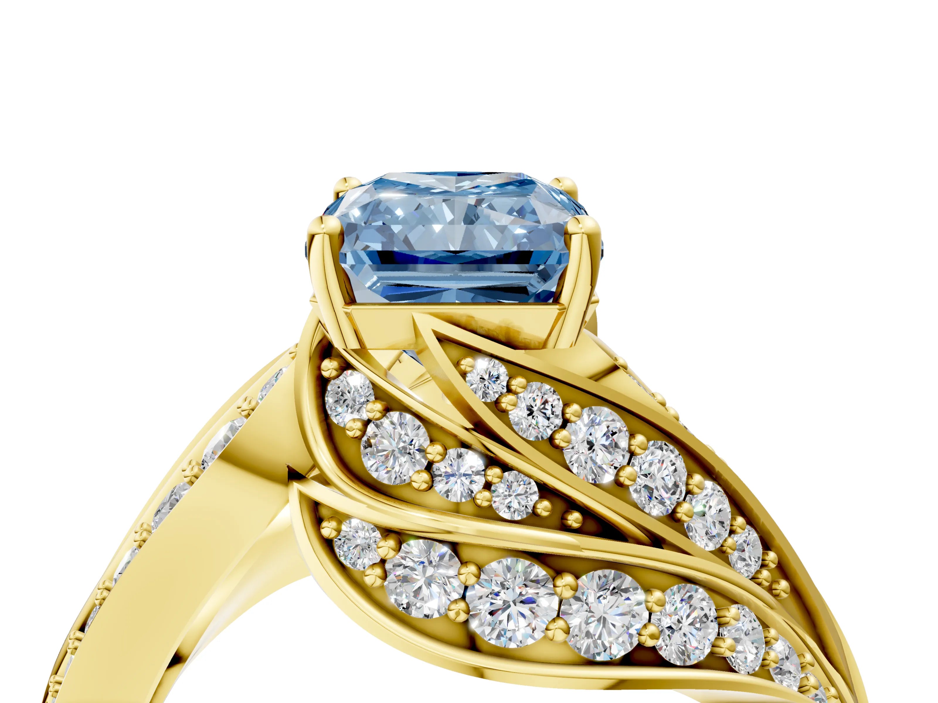 Yellow gold Fancy Blue Radiant Cut Diamond Solitaire Ring with Prong Setting and Twisted Pavé Band_4
