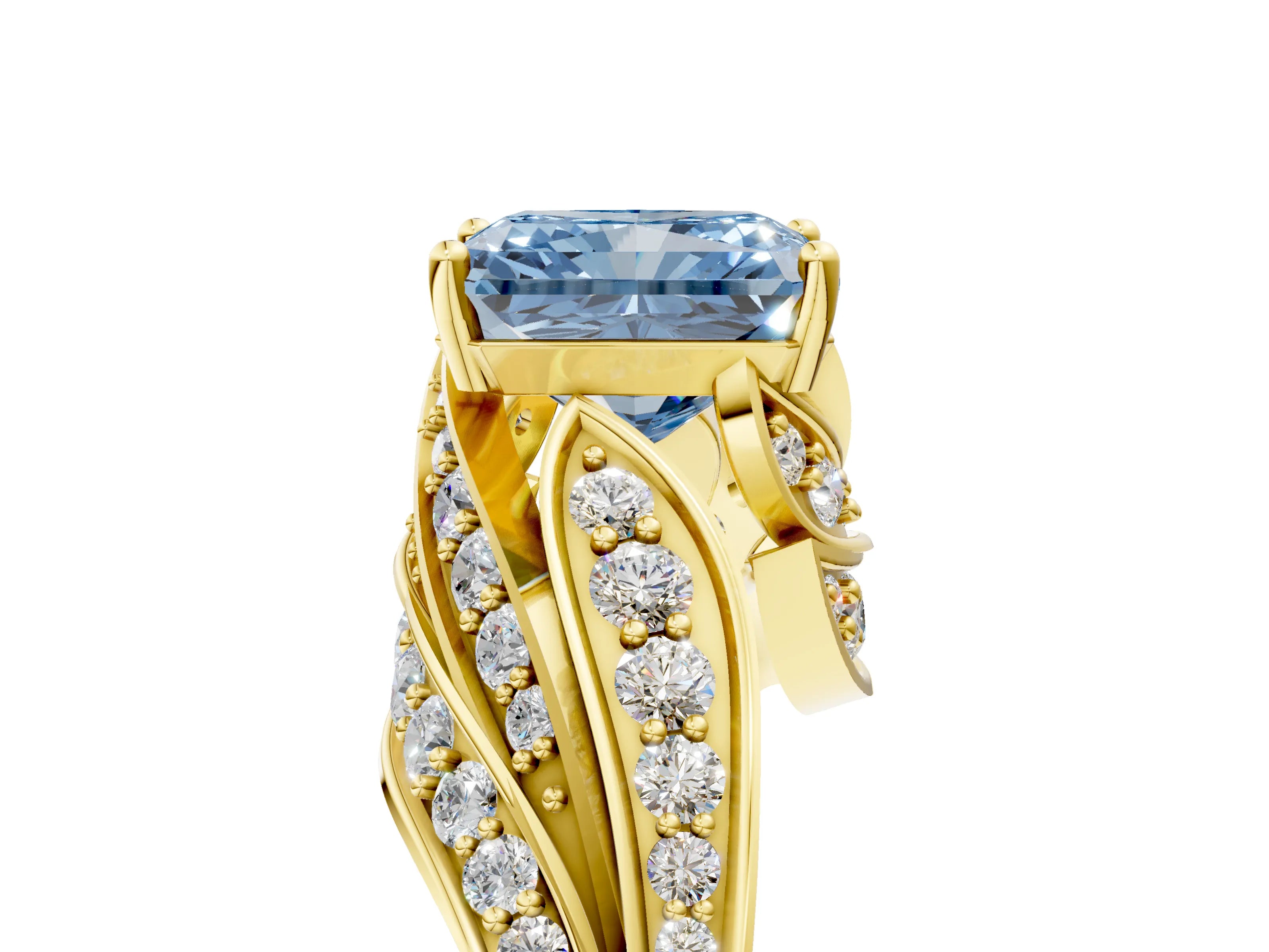 Yellow gold Fancy Blue Radiant Cut Diamond Solitaire Ring with Prong Setting and Twisted Pavé Band_5