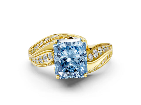 Yellow gold Fancy Blue Radiant Cut Diamond Solitaire Ring with Prong Setting and Twisted Pavé Band