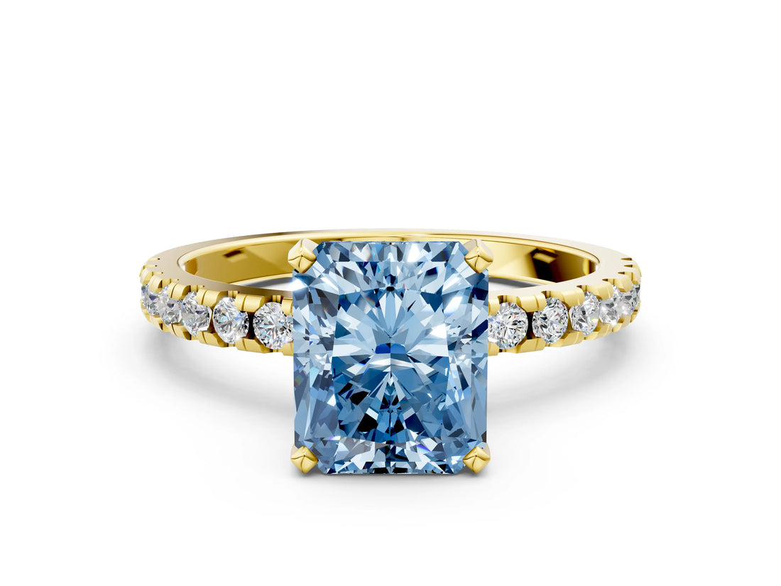 Yellow gold Fancy Blue Radiant Cut Diamond Solitaire Ring with Round  Pavé Band and Four-Prong Setting_48
