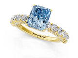 Yellow gold Fancy Blue Radiant Cut Diamond Solitaire Ring with Shared Prong Pavé Band and Four-Prong Setting_58