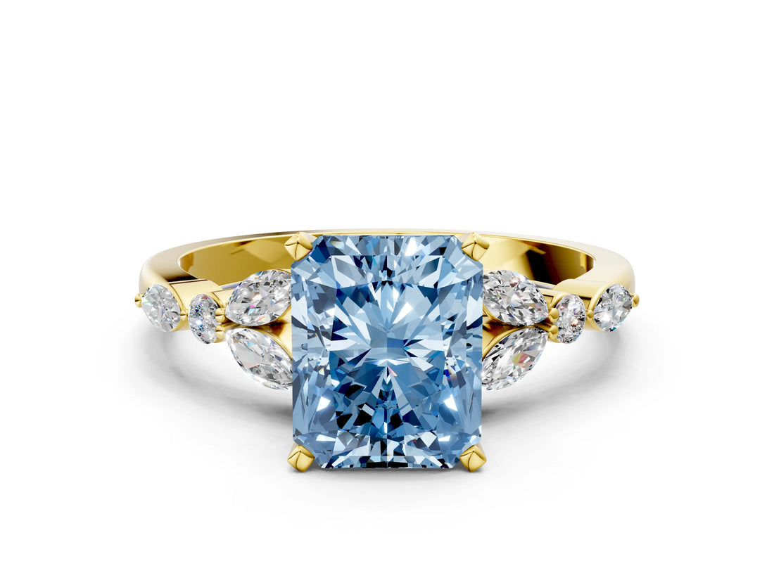 Yellow gold Fancy Blue Radiant Cut Diamond Solitaire Ring with Side Stones and Four-Prong Setting_49