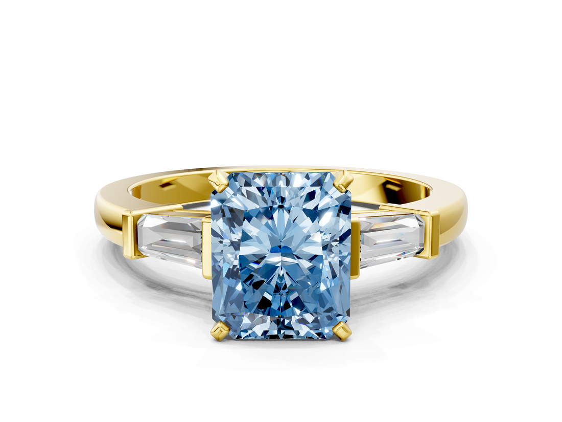 Yellow gold Fancy Blue Radiant  Cut Diamond Solitaire Ring with Tapered Baguette Accents and Four-Prong Setting_42