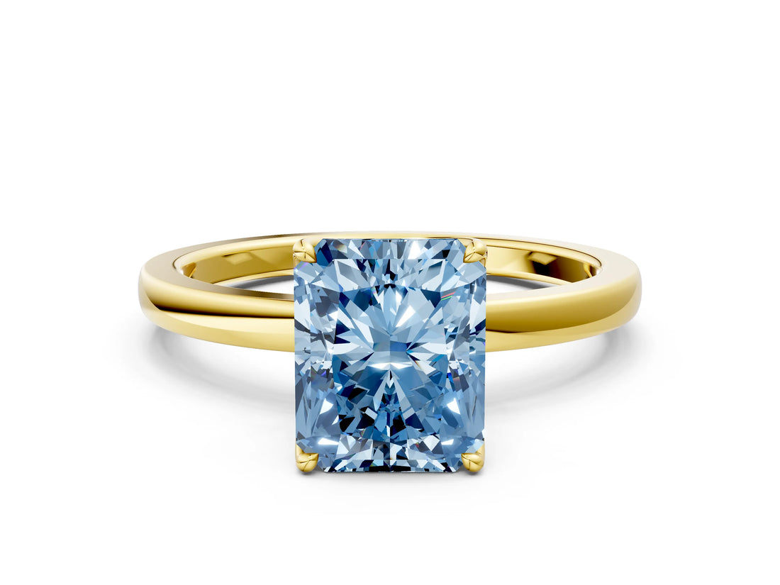 Yellow gold Fancy Blue Radiant Cut Diamond Solitaire Ring with Thin Band and Prong Setting_12