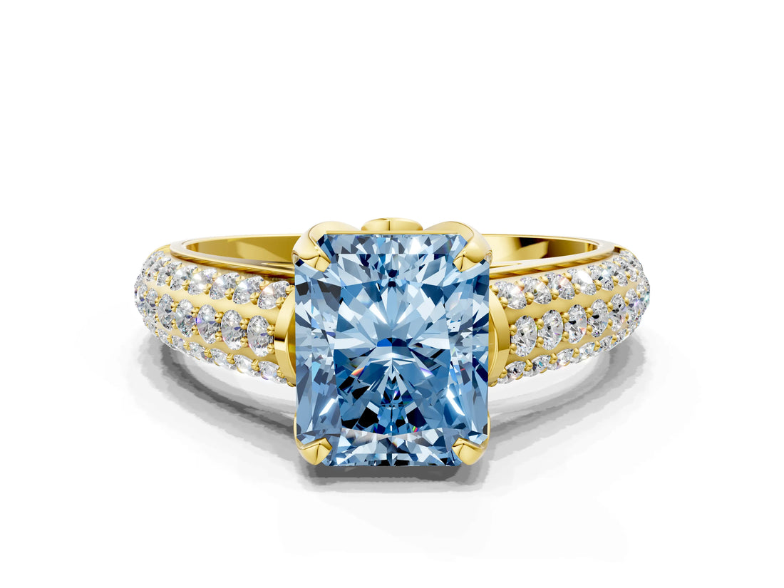 Yellow gold Fancy Blue Radiant Cut Diamond Solitaire Ring with Three-Row Pavé Band and Four-Prong Setting_40