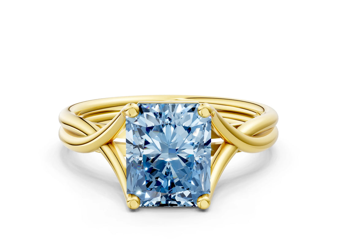 Yellow gold Fancy Blue Radiant Cut Diamond Solitaire Twist Band Prong Setting Ring_56