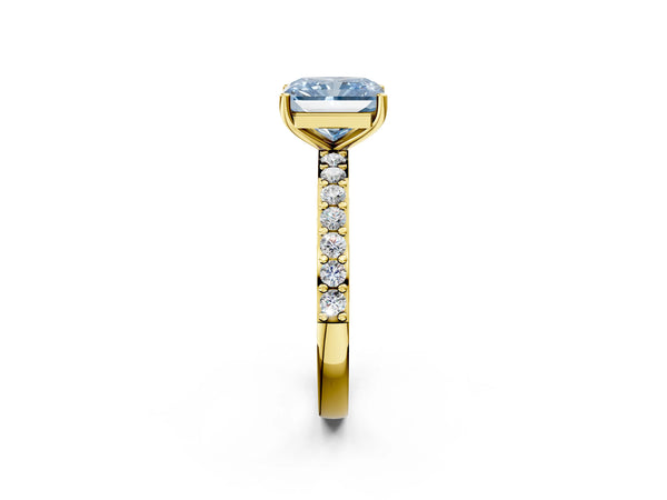 Yellow gold Fancy Blue Radiant  Cut Diamond Solitaire with Pave Band and Four-Prong Setting
