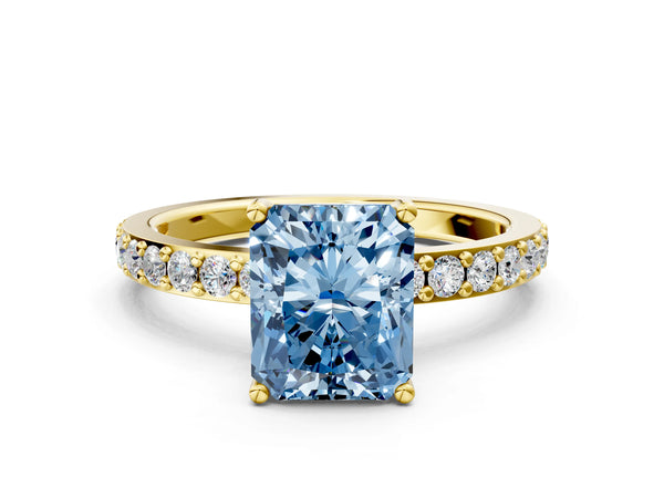 Yellow gold Fancy Blue Radiant  Cut Diamond Solitaire with Pave Band and Four-Prong Setting