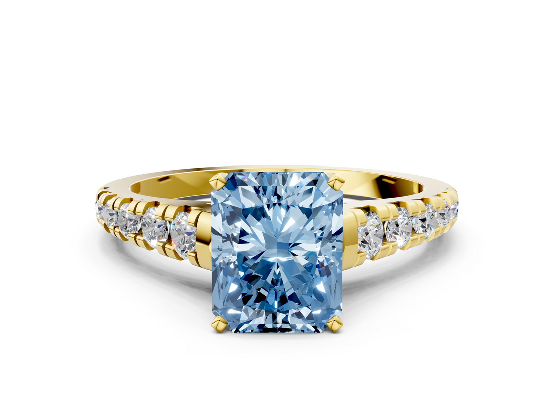 Yellow gold Fancy Blue Radiant  Cut Diamond Solitaire with Pave Band and Four-Prong Setting_143