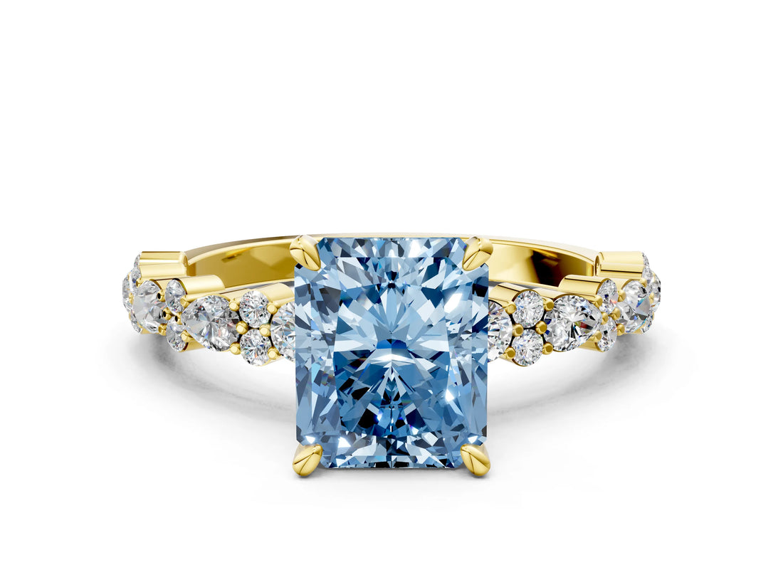 Yellow gold Fancy Blue Radiant Cut Diamond Solitaire with Side Stones, Pave Band, Four-Prong Setting_113