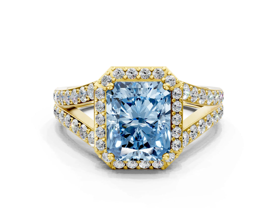 Yellow gold Fancy Blue Radiant Cut Diamond Split Shank Halo Ring with Four-Prong Setting_58