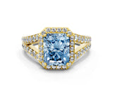 Yellow gold Fancy Blue Radiant Cut Diamond Split Shank Halo Ring with Four-Prong Setting_58
