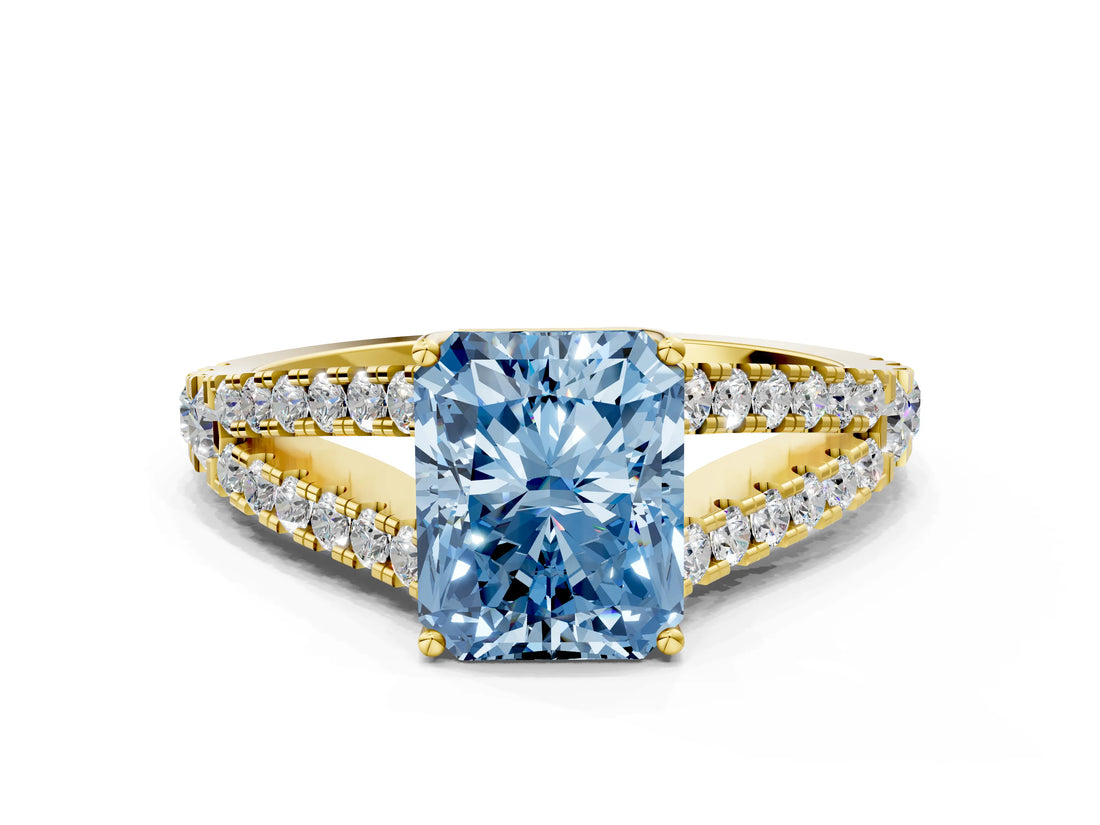 Yellow gold Fancy Blue Radiant Cut Diamond Split Shank Pavé Engagement Ring with Four-Prong Setting_83