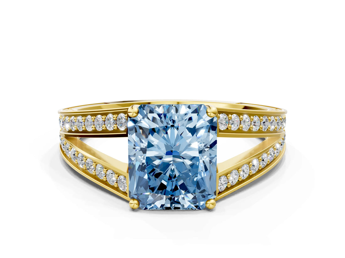 Yellow gold Fancy Blue Radiant Cut Diamond Split Shank Ring with Pavé Band and Four-Prong Setting_44