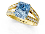 Yellow gold Fancy Blue Radiant Cut Diamond Split Shank Ring with Pavé Band and Four-Prong Setting_45