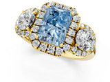 Yellow gold Fancy Blue Radiant Cut Diamond Three-Stone Halo Ring with Prong Setting and Pavé Accents_1