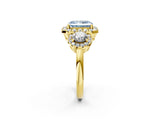 Yellow gold Fancy Blue Radiant Cut Diamond Three-Stone Halo Ring with Prong Setting and Pavé Accents_2