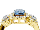 Yellow gold Fancy Blue Radiant Cut Diamond Three-Stone Halo Ring with Prong Setting and Pavé Accents_4