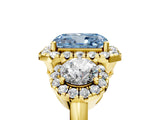 Yellow gold Fancy Blue Radiant Cut Diamond Three-Stone Halo Ring with Prong Setting and Pavé Accents_5