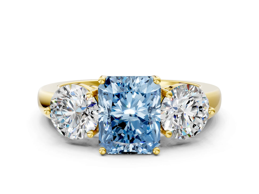 Yellow gold Fancy Blue Radiant Cut Diamond Three-Stone Ring with Prong Setting and Classic Band_98
