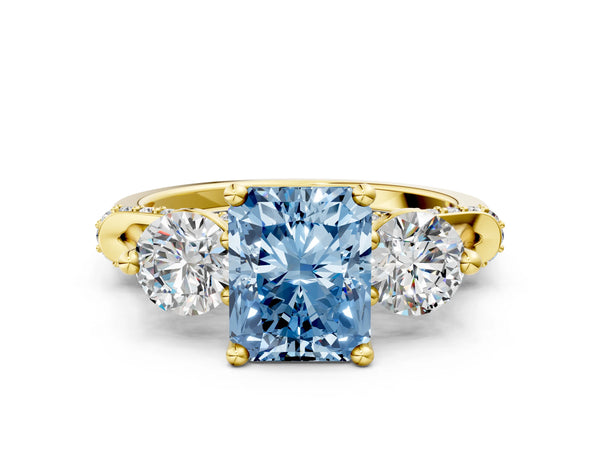 Yellow Gold Radiant Cut Curved Pave Three Stone Engagement Ring Setting for Fancy Blue Center