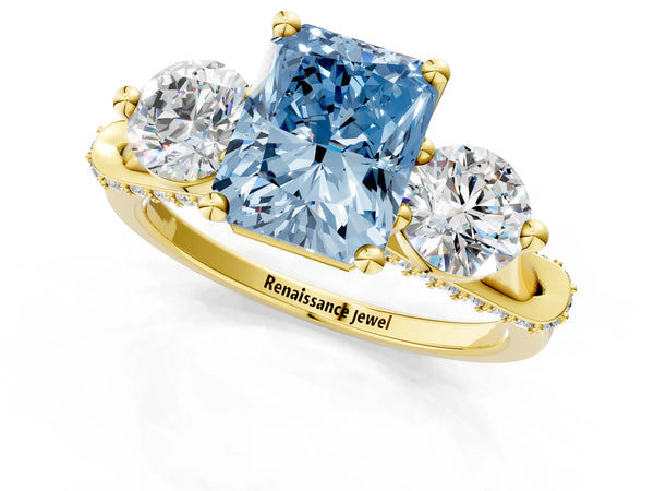 Yellow Gold Radiant Cut Curved Pave Three Stone Engagement Ring Setting for Fancy Blue Center