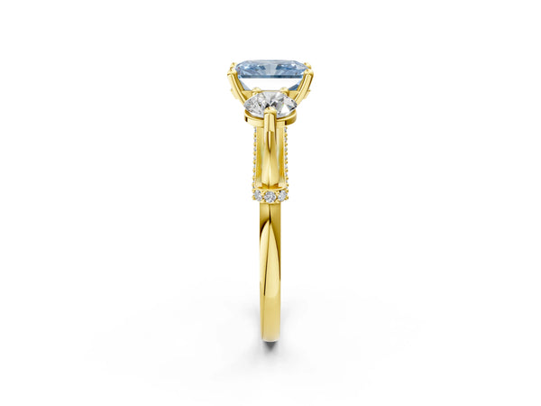 Yellow Gold Radiant Cut Curved Pave Three Stone Engagement Ring Setting for Fancy Blue Center