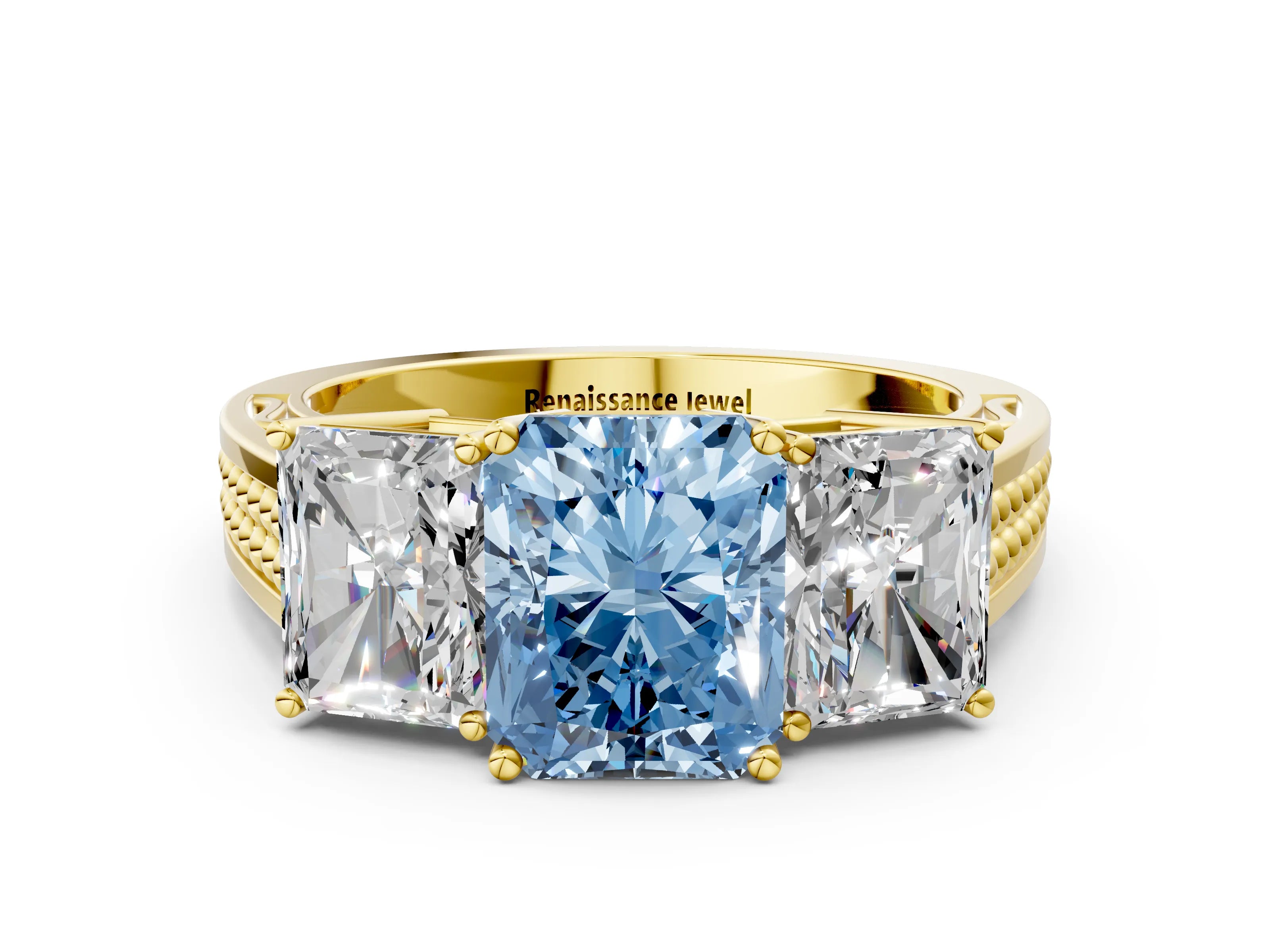 Yellow gold Fancy Blue Radiant Cut Diamond Three-Stone Ring with Prong Setting and Textured Band
