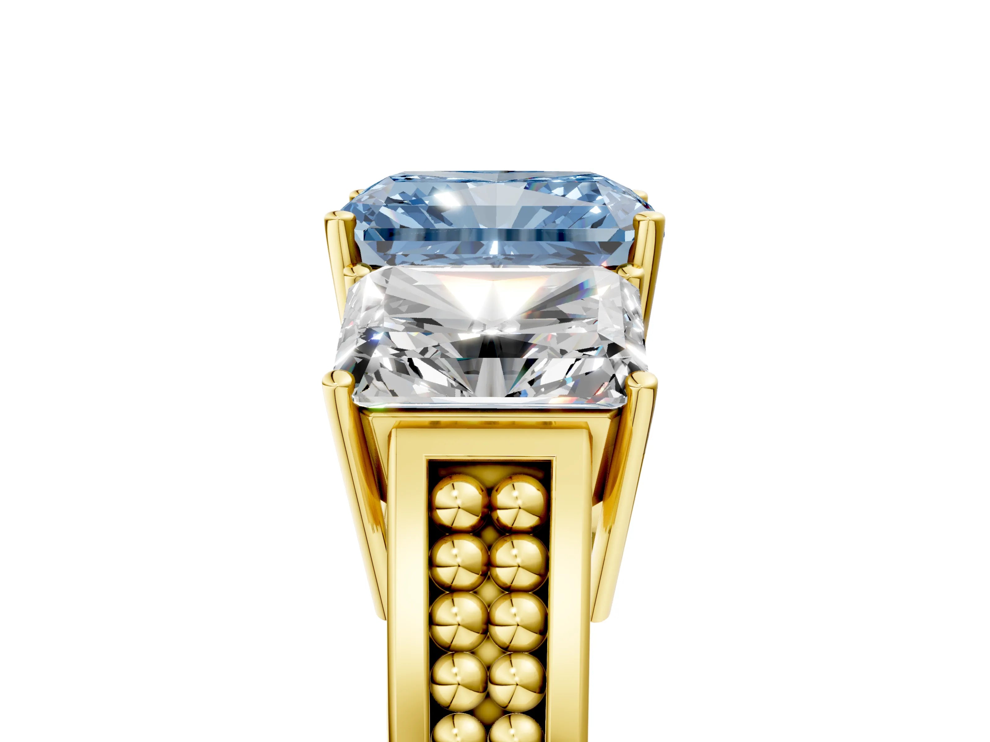 Yellow gold Fancy Blue Radiant Cut Diamond Three-Stone Ring with Prong Setting and Textured Band_11