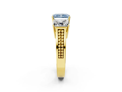 Yellow gold Fancy Blue Radiant Cut Diamond Three-Stone Ring with Prong Setting and Textured Band_2