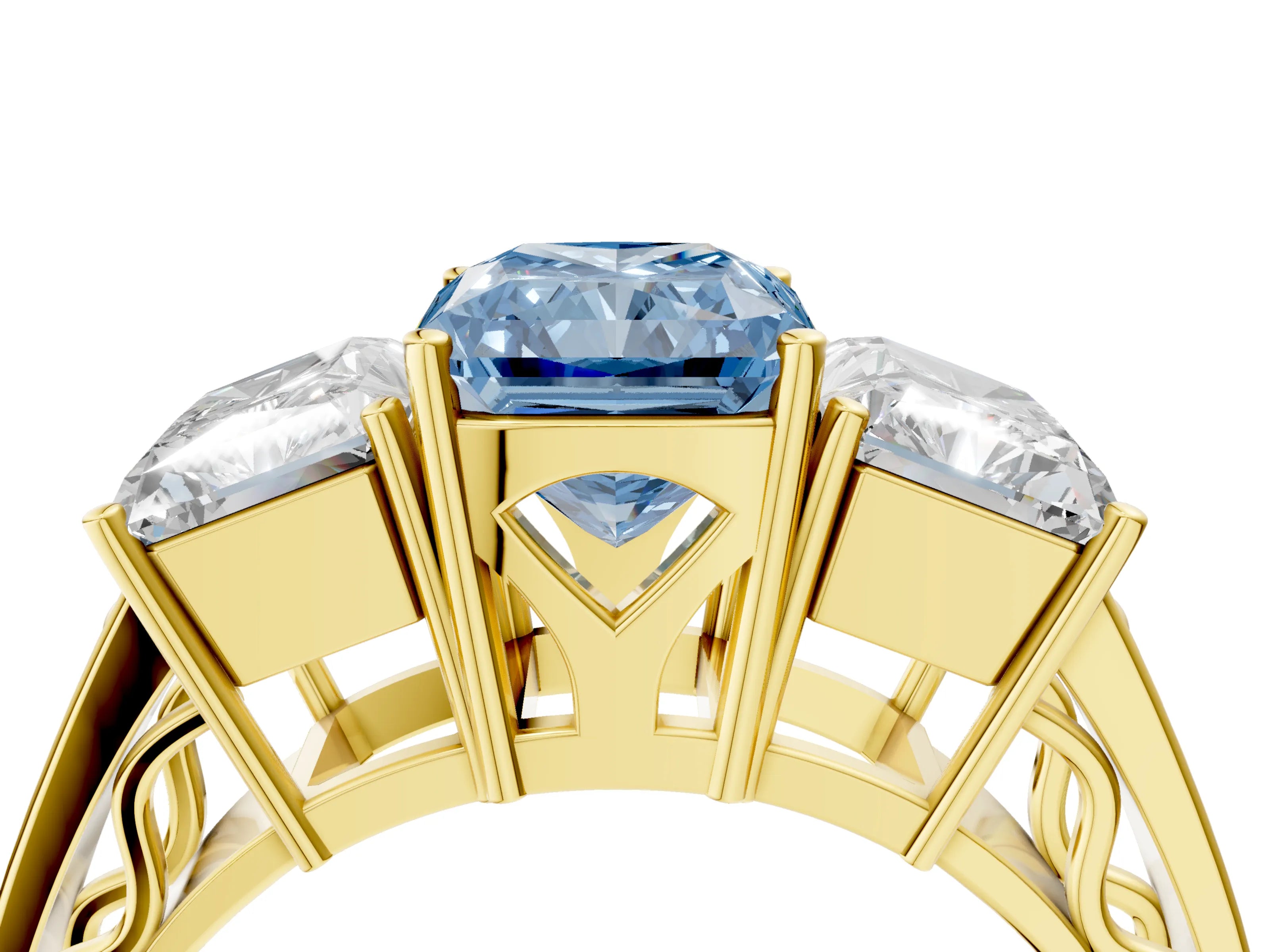 Yellow gold Fancy Blue Radiant Cut Diamond Three-Stone Ring with Prong Setting and Textured Band_4