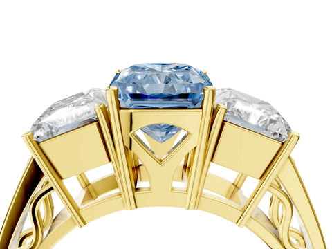 Yellow gold Fancy Blue Radiant Cut Diamond Three-Stone Ring with Prong Setting and Textured Band_4