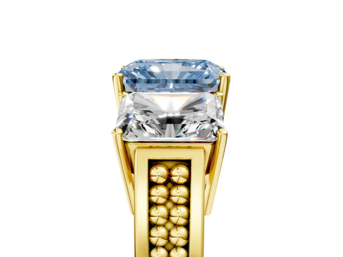 Yellow gold Fancy Blue Radiant Cut Diamond Three-Stone Ring with Prong Setting and Textured Band_5