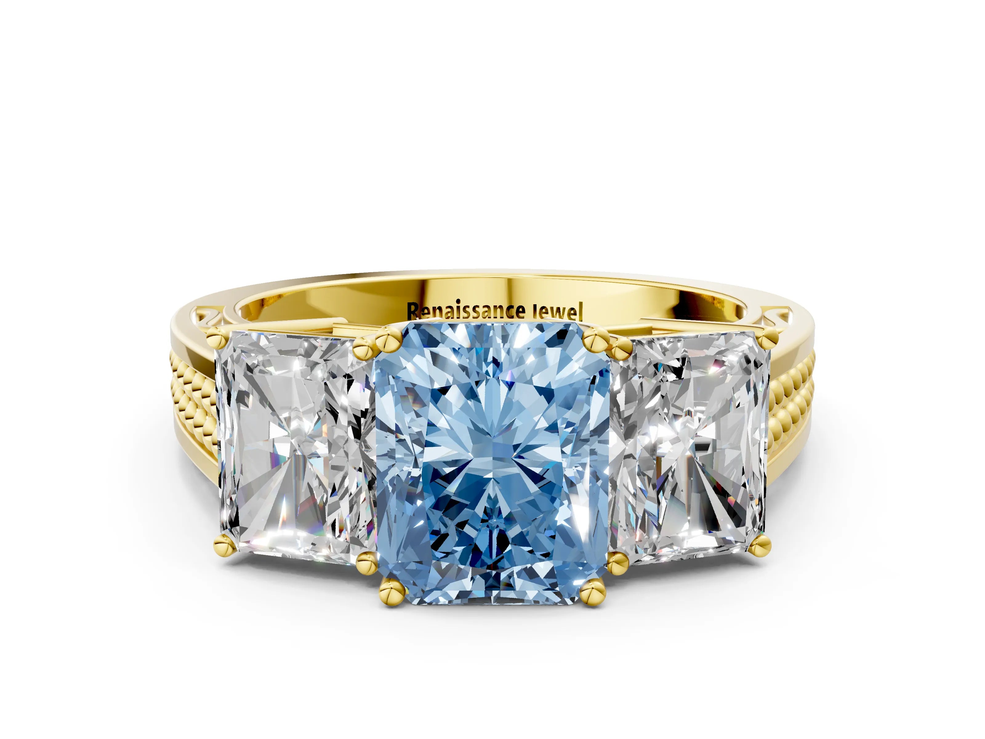 Yellow gold Fancy Blue Radiant Cut Diamond Three-Stone Ring with Prong Setting and Textured Band_6