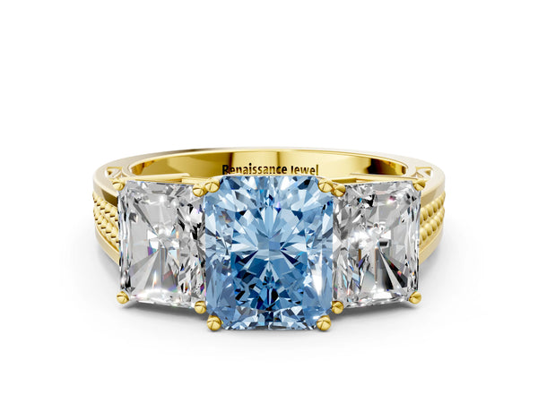 Yellow gold Fancy Blue Radiant Cut Diamond Three-Stone Ring with Prong Setting and Textured Band