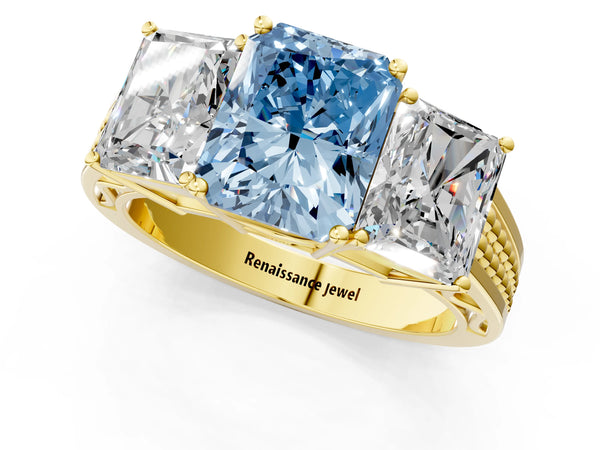 Yellow gold Fancy Blue Radiant Cut Diamond Three-Stone Ring with Prong Setting and Textured Band