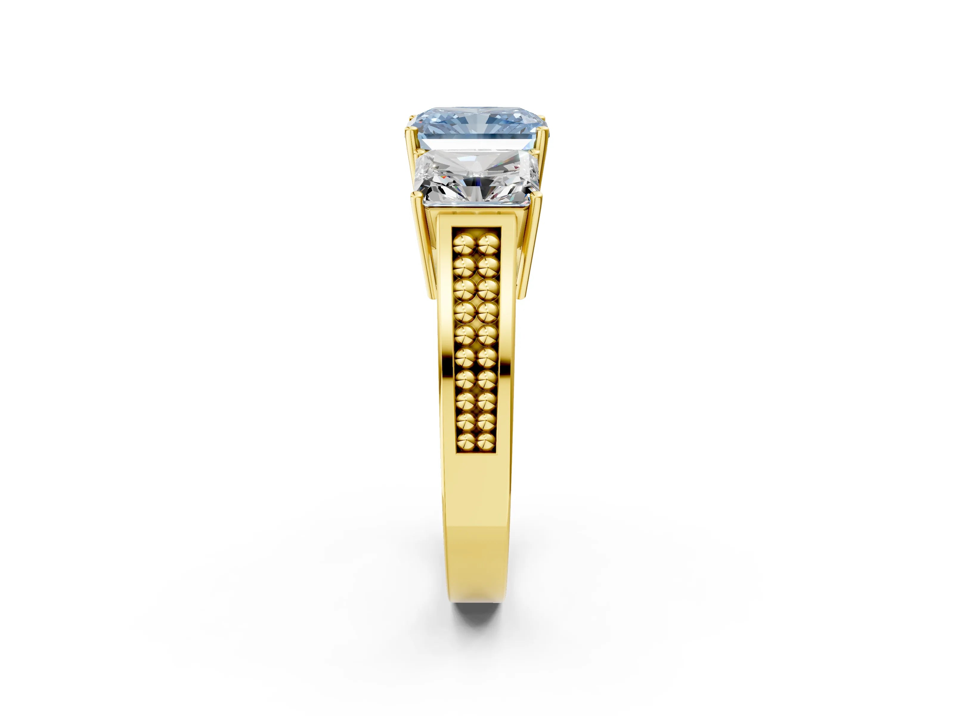 Yellow gold Fancy Blue Radiant Cut Diamond Three-Stone Ring with Prong Setting and Textured Band_8