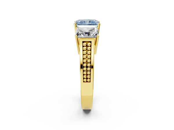 Yellow gold Fancy Blue Radiant Cut Diamond Three-Stone Ring with Prong Setting and Textured Band